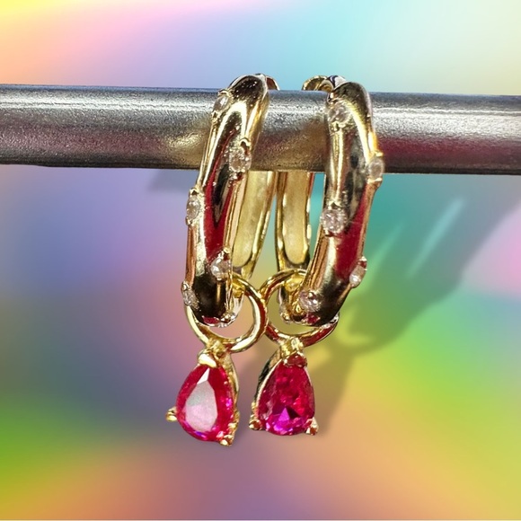 NEW 14K Yellow Gold-Plated White Crystal CZ Encrusted Huggie Hoops w Ruby Dangle - Picture 10 of 16